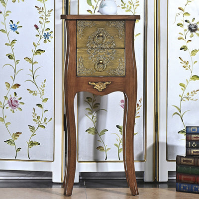Mesa Auxiliar de Madera Maciza con Arabesco Cuadrado Tradicional Europeo de 2 Cajones para Sala de Estar 