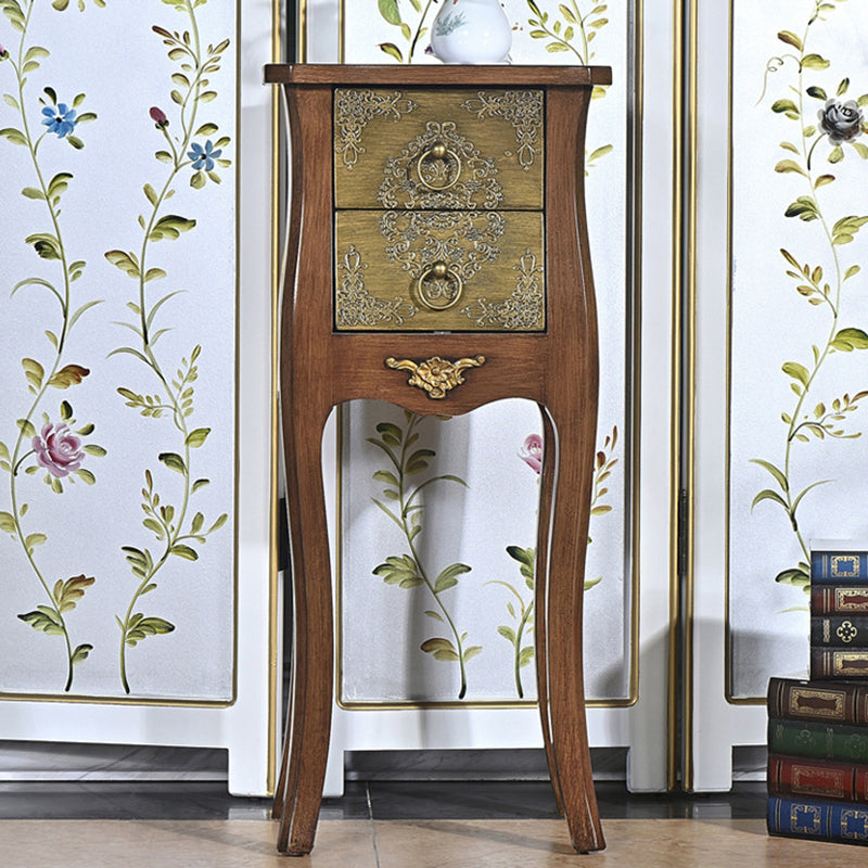 Mesa Auxiliar de Madera Maciza con Arabesco Cuadrado Tradicional Europeo de 2 Cajones para Sala de Estar 