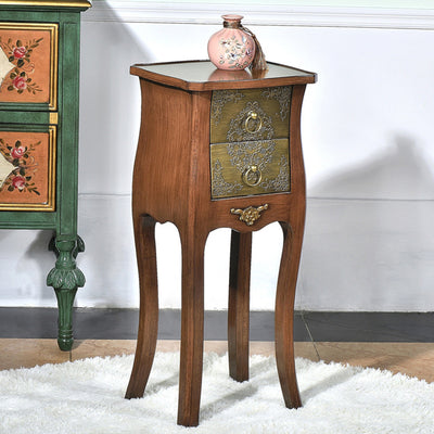 Mesa Auxiliar de Madera Maciza con Arabesco Cuadrado Tradicional Europeo de 2 Cajones para Sala de Estar 