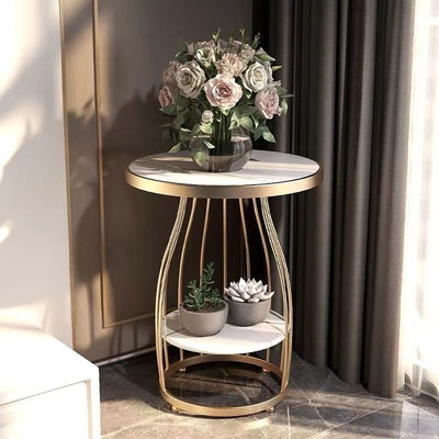 Modern Luxury Round Sintered Stone Top Carbon Steel Frame Coffee Table 2-Tier For Living Room