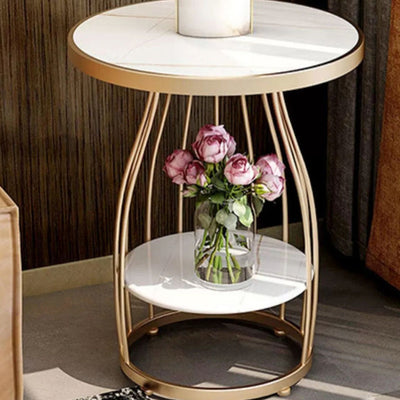 Modern Luxury Round Sintered Stone Top Carbon Steel Frame Coffee Table 2-Tier For Living Room