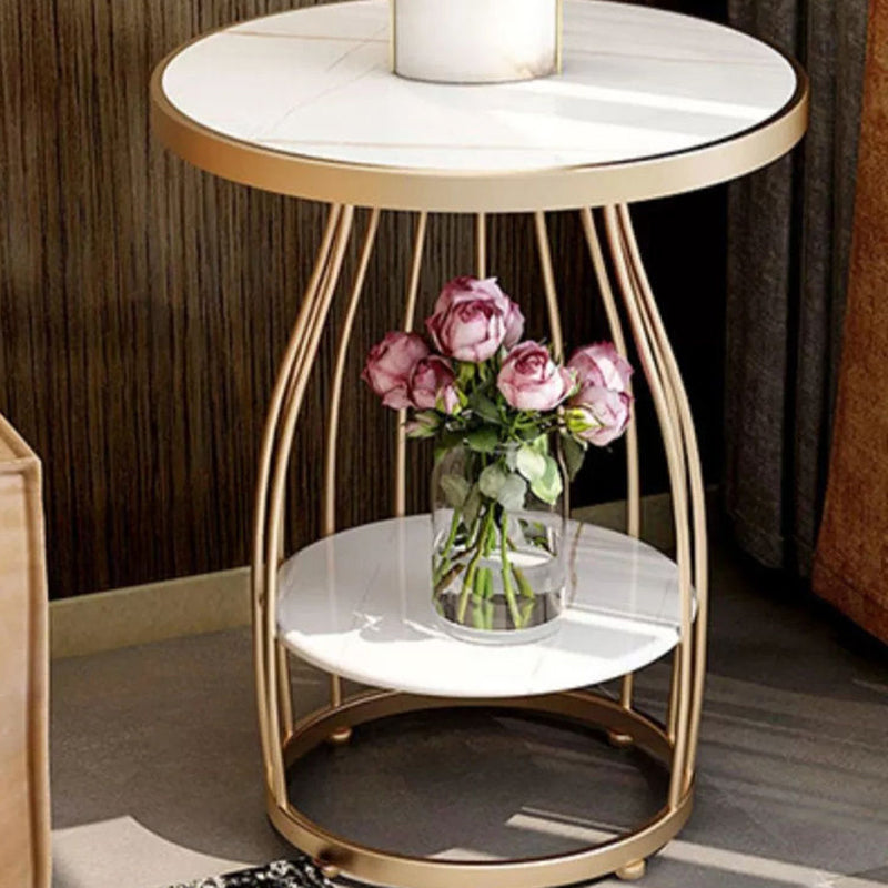 Modern Luxury Round Sintered Stone Top Carbon Steel Frame Coffee Table 2-Tier For Living Room