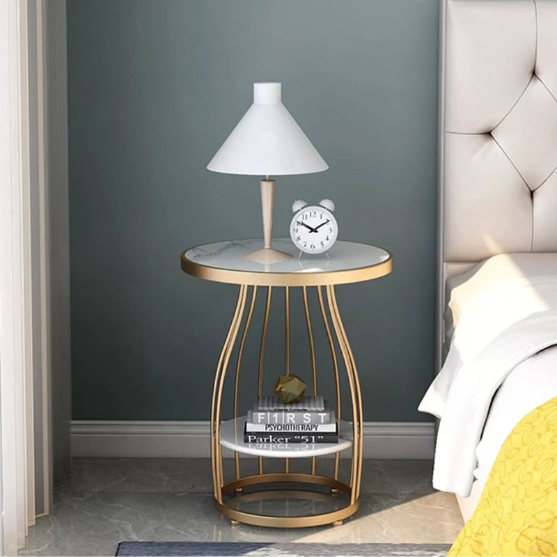 Modern Luxury Round Sintered Stone Top Carbon Steel Frame Coffee Table 2-Tier For Living Room