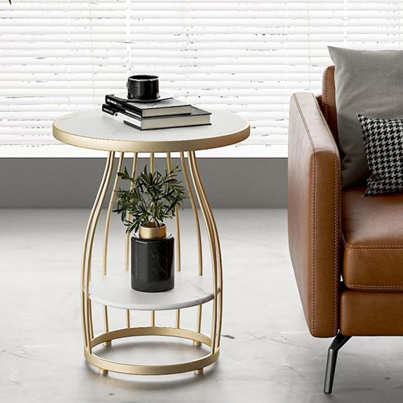 Modern Luxury Round Sintered Stone Top Carbon Steel Frame Coffee Table 2-Tier For Living Room