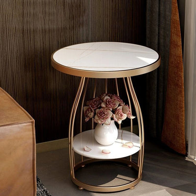Modern Luxury Round Sintered Stone Top Carbon Steel Frame Coffee Table 2-Tier For Living Room
