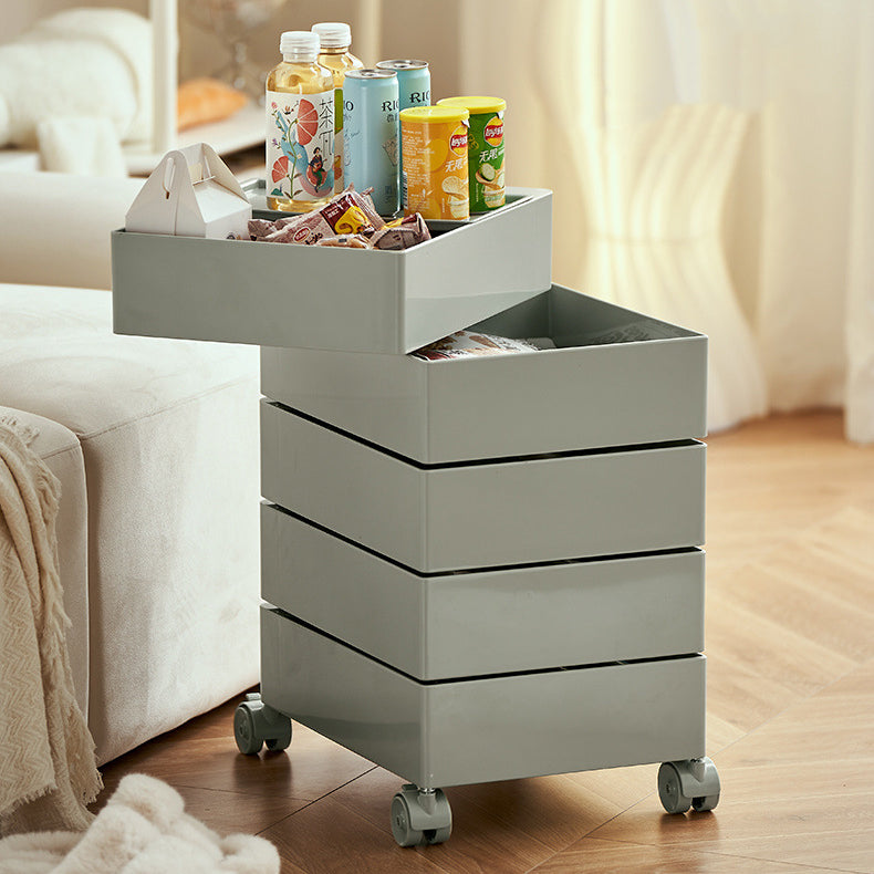 Zeitgenössischer nordischer quadratischer ABS-Drehschubladen-Nachttisch mit 5 Ebenen und Rollen für das Schlafzimmer 