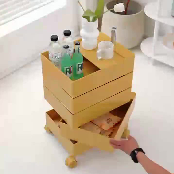 Zeitgenössischer nordischer quadratischer ABS-Drehschubladen-Nachttisch mit 5 Ebenen und Rollen für das Schlafzimmer 