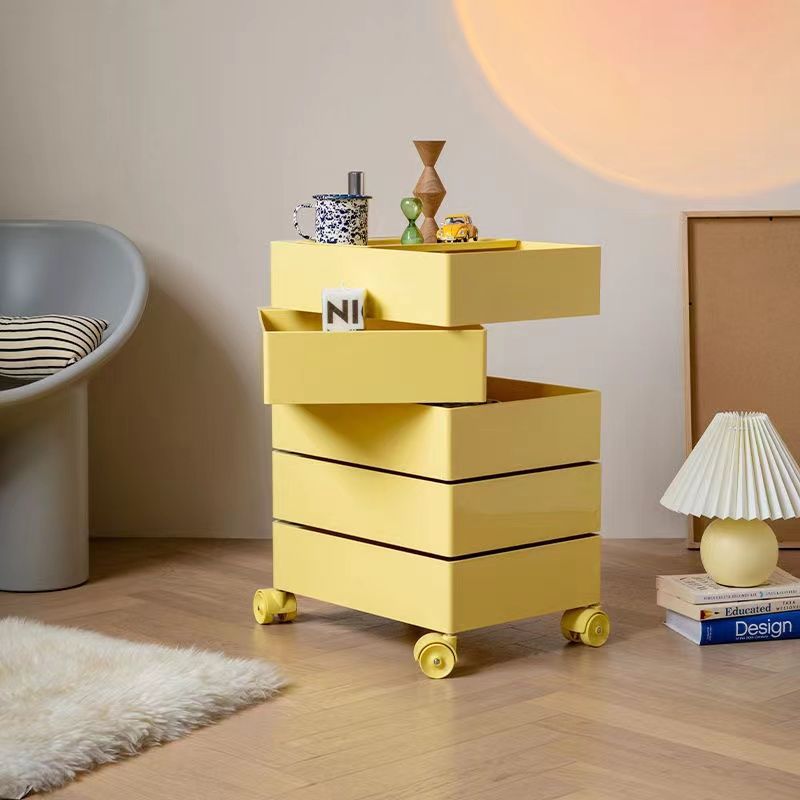 Zeitgenössischer nordischer quadratischer ABS-Drehschubladen-Nachttisch mit 5 Ebenen und Rollen für das Schlafzimmer 