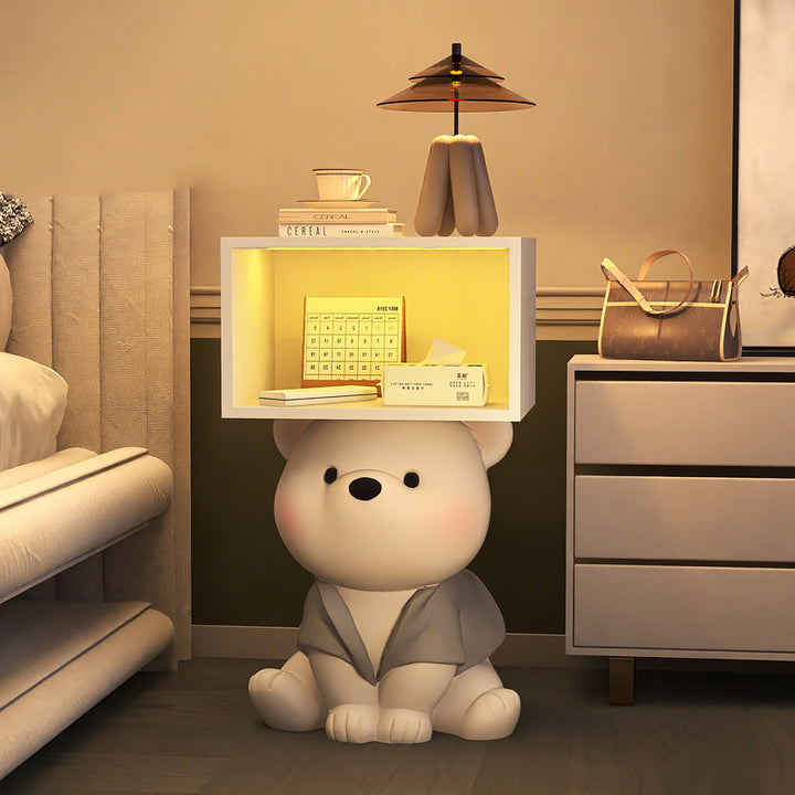 Mesita de noche rectangular contemporánea y creativa de MDF y resina con oso para dormitorio 
