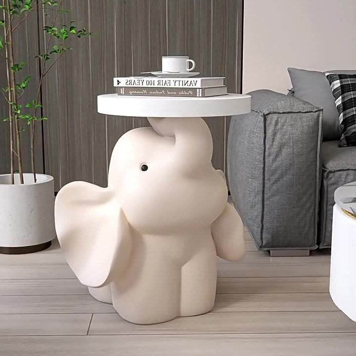 Contemporary Creative Fir Board Round Top Elephant Resin Base Side Table For Living Room