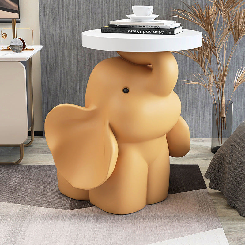 Contemporary Creative Fir Board Round Top Elephant Resin Base Side Table For Living Room
