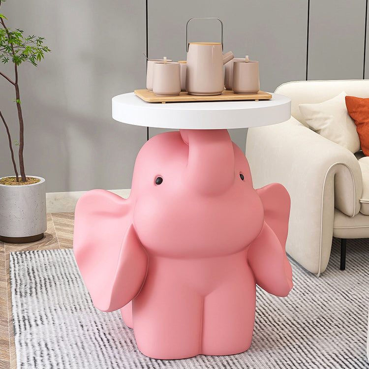 Contemporary Creative Fir Board Round Top Elephant Resin Base Side Table For Living Room