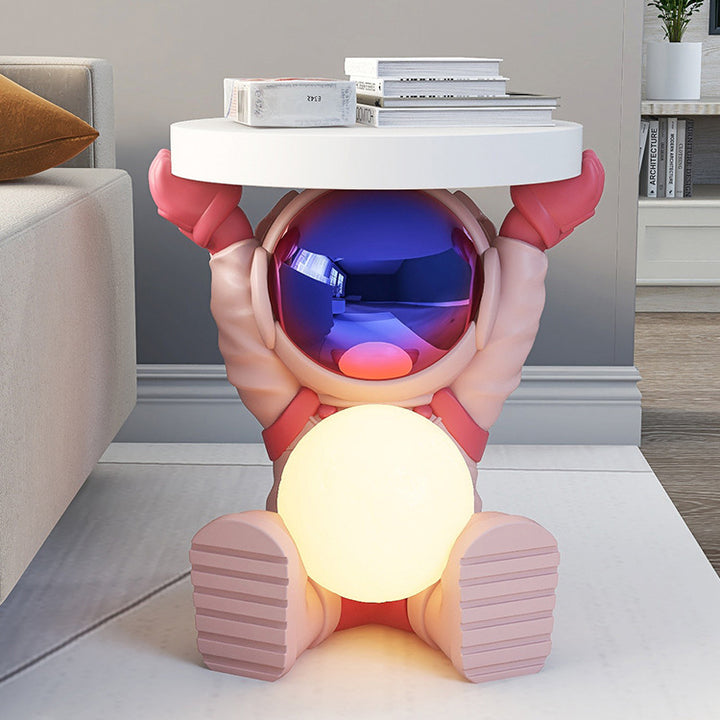 Contemporary Creative MDF Round Top Astronaut Resin Base Side Table 1-Tier For Living Room