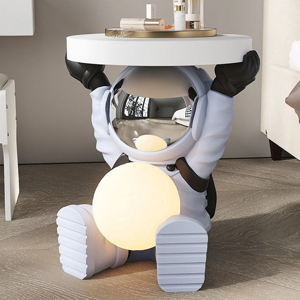 Contemporary Creative MDF Round Top Astronaut Resin Base Side Table 1-Tier For Living Room