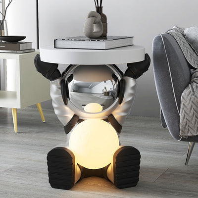 Contemporary Creative Fir Board Round Top Astronaut Resin Base Side Table For Living Room