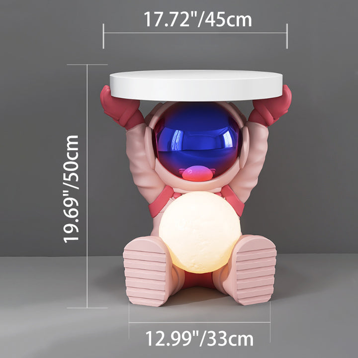 Table d'appoint contemporaine avec plateau rond en planche de sapin créatif et base en résine d'astronaute pour salon 