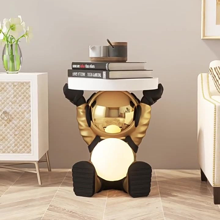 Contemporary Creative MDF Round Top Astronaut Resin Base Side Table 1-Tier For Living Room