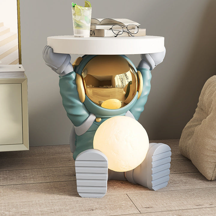 Contemporary Creative MDF Round Top Astronaut Resin Base Side Table 1-Tier For Living Room