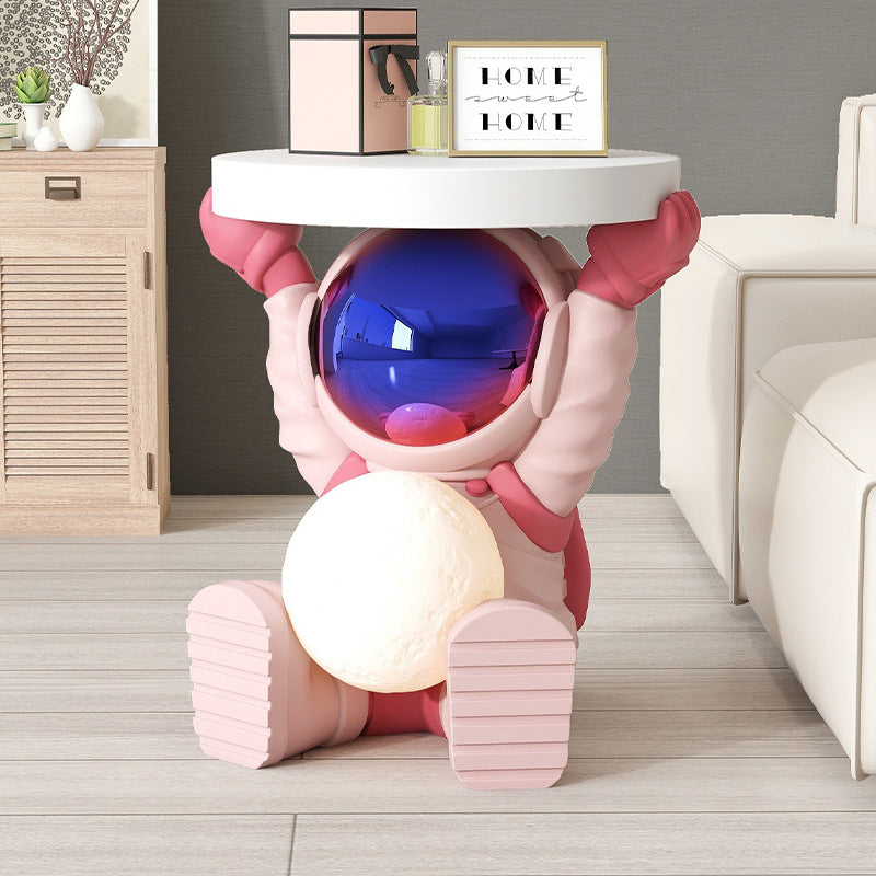 Contemporary Creative MDF Round Top Astronaut Resin Base Side Table 1-Tier For Living Room