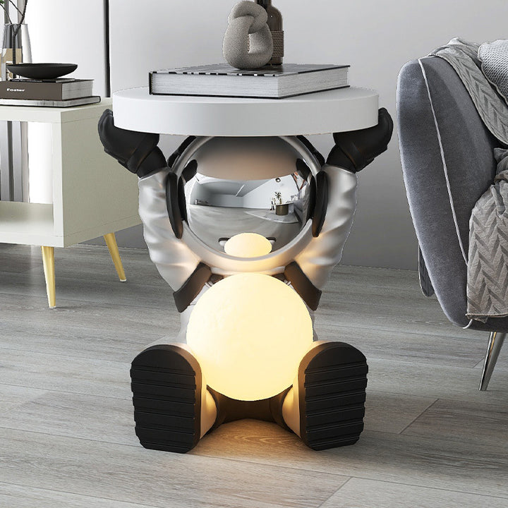 Contemporary Creative MDF Round Top Astronaut Resin Base Side Table 1-Tier For Living Room