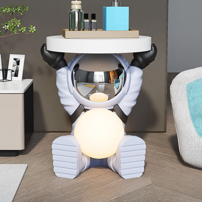 Contemporary Creative MDF Round Top Astronaut Resin Base Side Table 1-Tier For Living Room