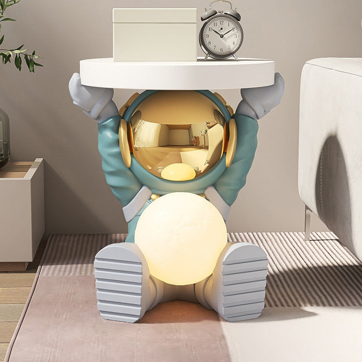 Contemporary Creative MDF Round Top Astronaut Resin Base Side Table 1-Tier For Living Room