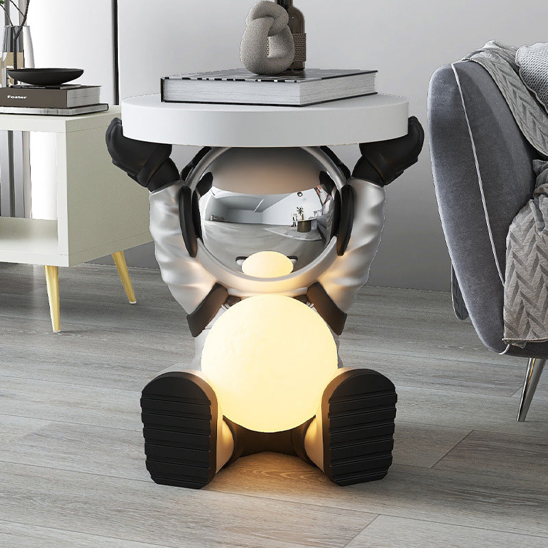 Contemporary Creative MDF Round Top Astronaut Resin Base Side Table 1-Tier For Living Room