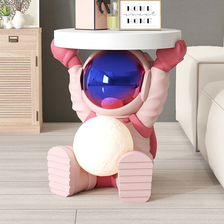Contemporary Creative MDF Round Top Astronaut Resin Base Side Table 1-Tier For Living Room