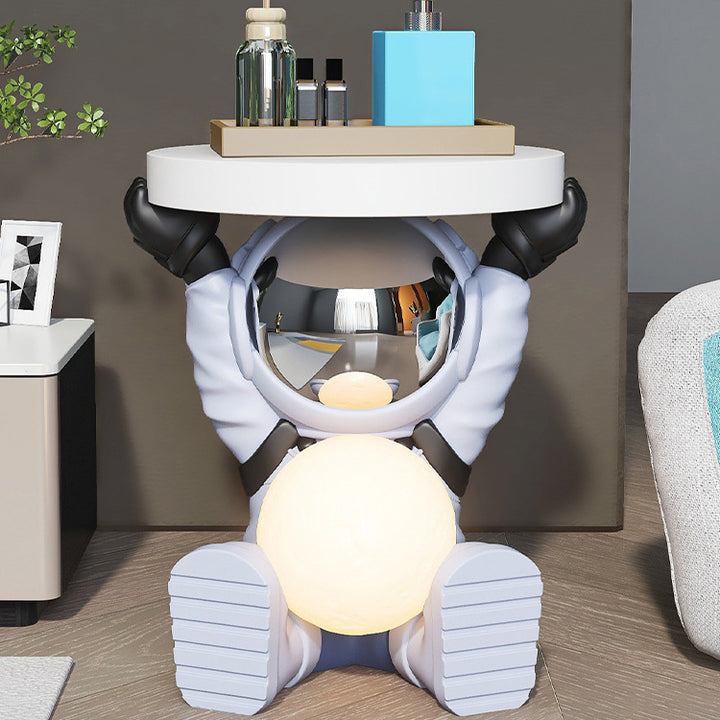 Contemporary Creative MDF Round Top Astronaut Resin Base Side Table 1-Tier For Living Room