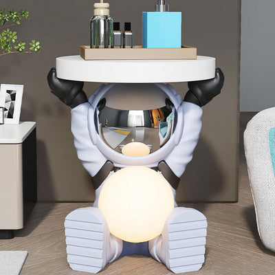 Contemporary Creative Fir Board Round Top Astronaut Resin Base Side Table For Living Room
