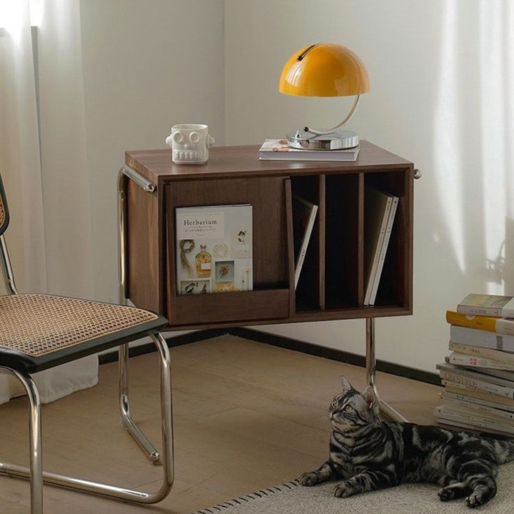Traditioneller rechteckiger Beistelltisch aus Sperrholz und Edelstahl mit Stauraumschrank im japanischen Stil für das Wohnzimmer 
