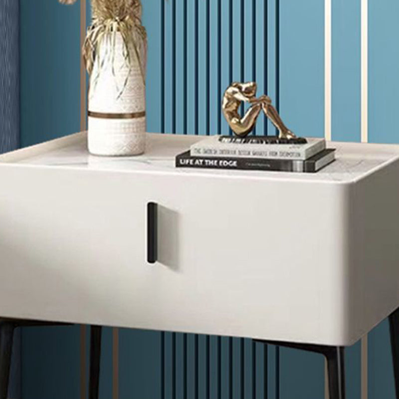 Contemporary Scandinavian Rectangular Sintered Stone Top Leather Veneered Nightstand Drawer For Bedroom