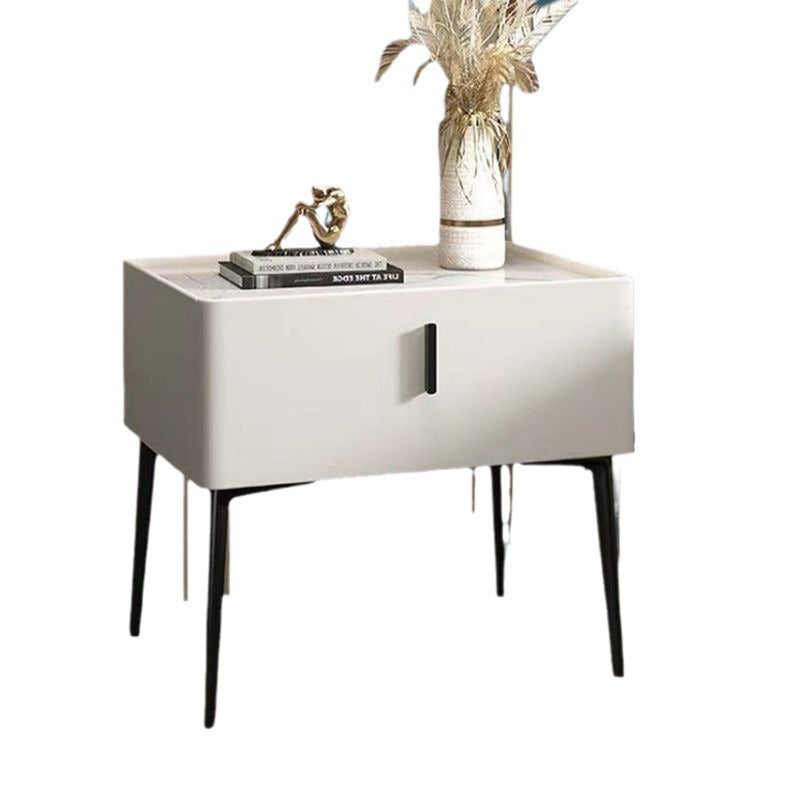 Contemporary Scandinavian Rectangular Sintered Stone Top Leather Veneered Nightstand Drawer For Bedroom