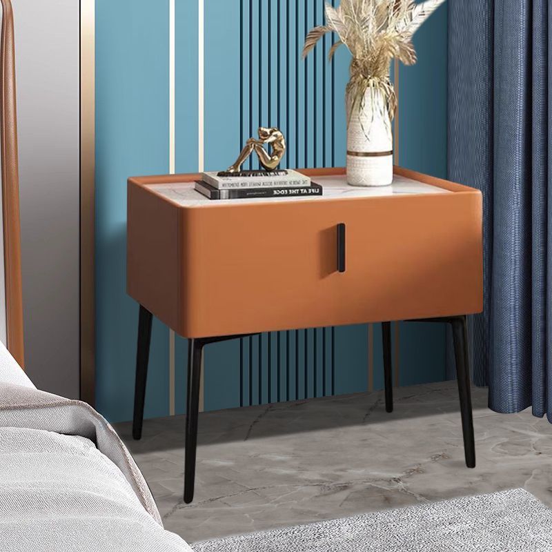Contemporary Scandinavian Rectangular Sintered Stone Top Leather Veneered Nightstand Drawer For Bedroom