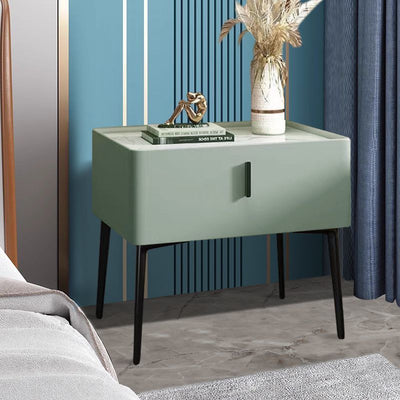 Contemporary Scandinavian Rectangular Sintered Stone Top Leather Veneered Nightstand Drawer For Bedroom