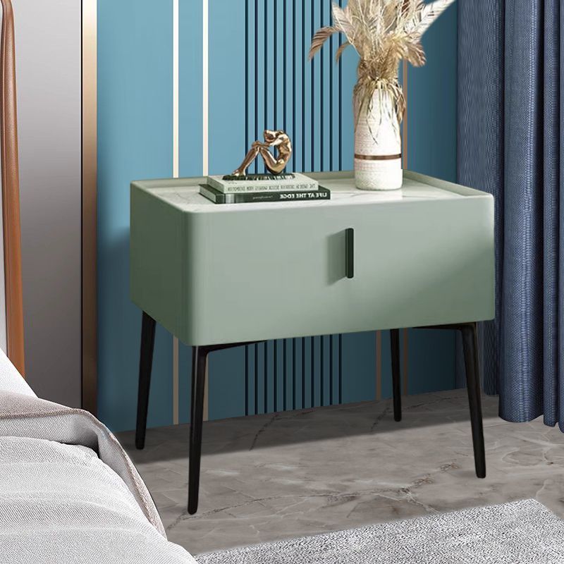 Contemporary Scandinavian Rectangular Sintered Stone Top Leather Veneered Nightstand Drawer For Bedroom
