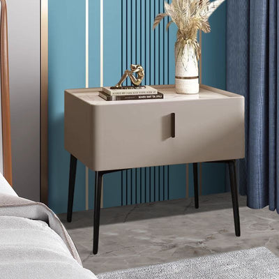 Contemporary Scandinavian Rectangular Sintered Stone Top Leather Veneered Nightstand Drawer For Bedroom