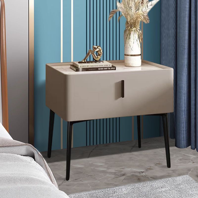 Contemporary Scandinavian Rectangular Sintered Stone Top Leather Veneered Nightstand Drawer For Bedroom