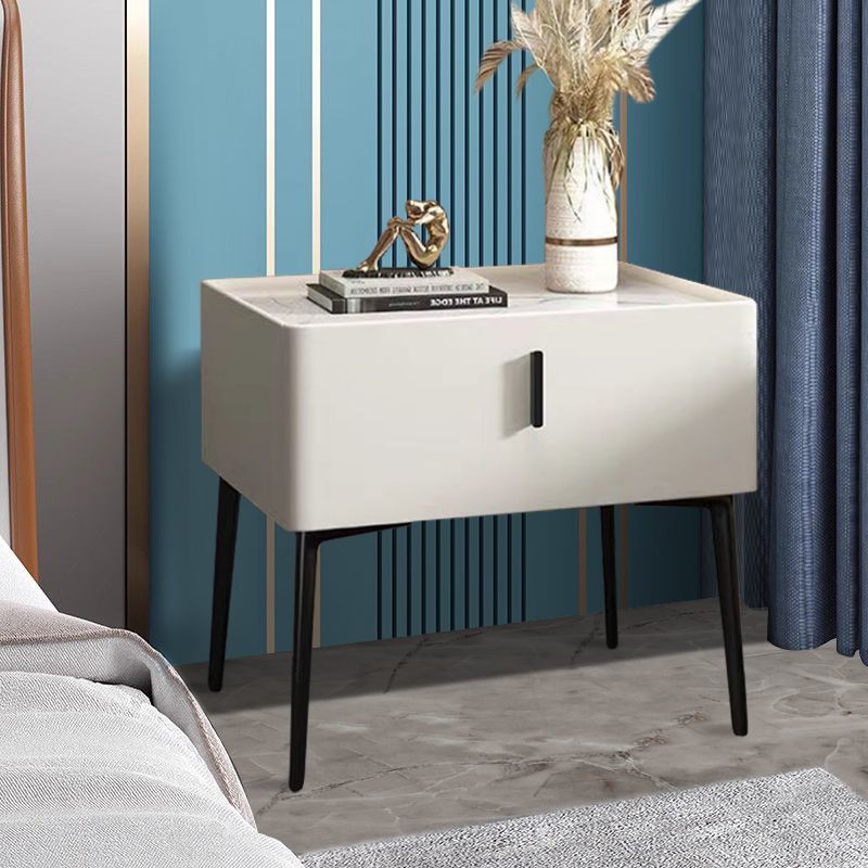 Contemporary Scandinavian Rectangular Sintered Stone Top Leather Veneered Nightstand Drawer For Bedroom