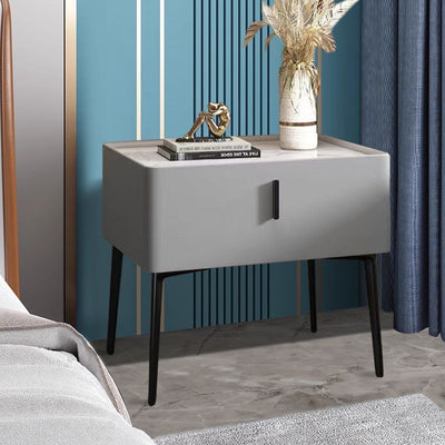 Contemporary Scandinavian Rectangular Sintered Stone Top Leather Veneered Nightstand Drawer For Bedroom