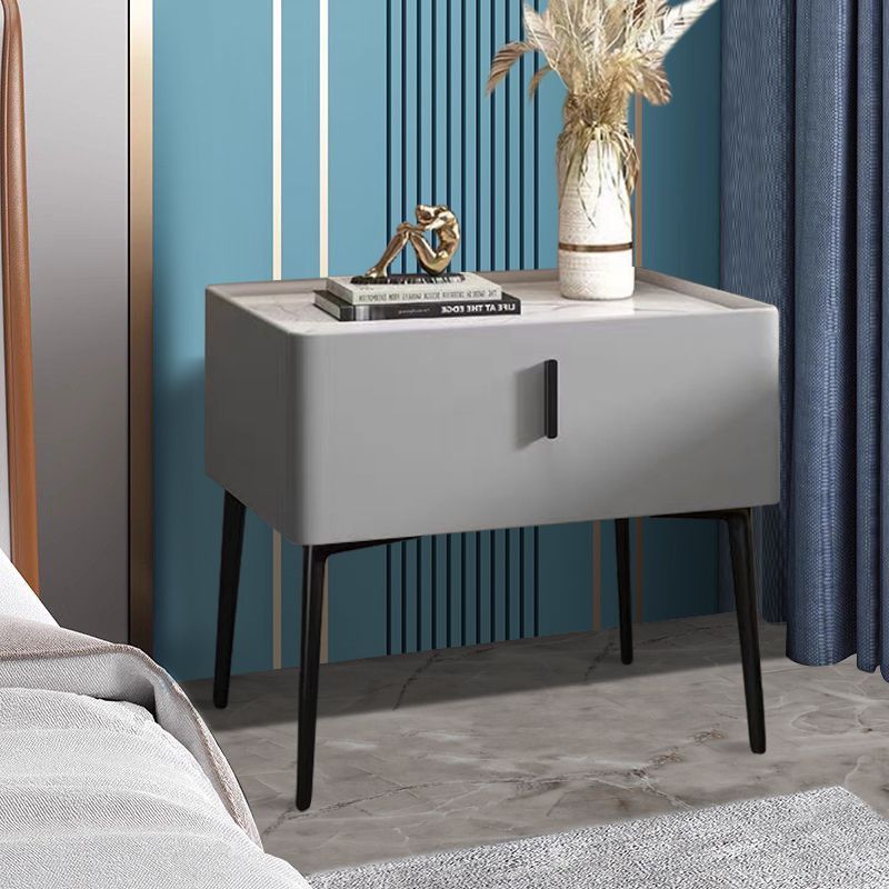 Contemporary Scandinavian Rectangular Sintered Stone Top Leather Veneered Nightstand Drawer For Bedroom