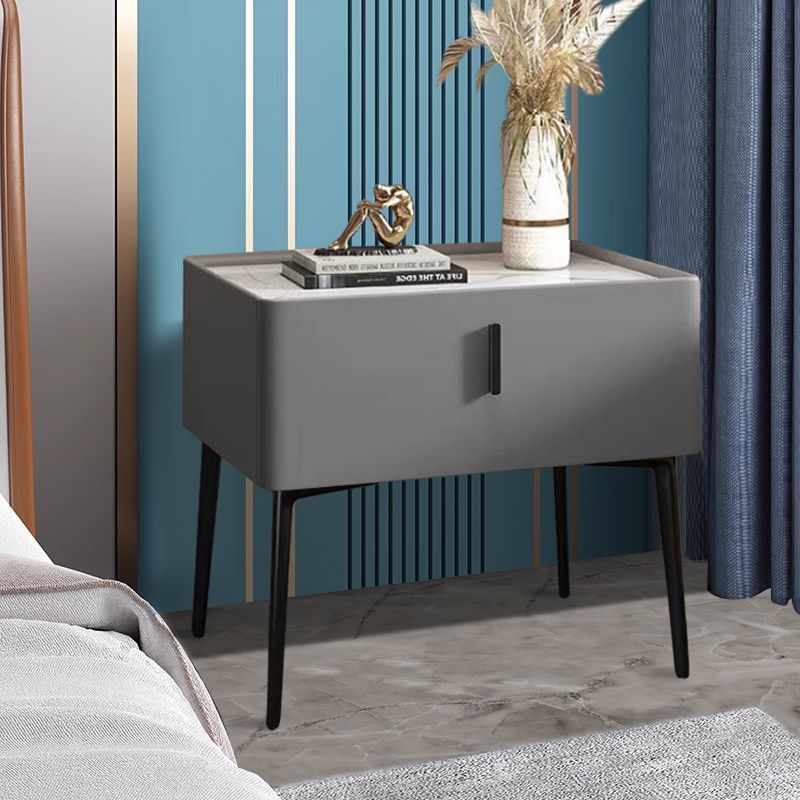 Contemporary Scandinavian Rectangular Sintered Stone Top Leather Veneered Nightstand Drawer For Bedroom