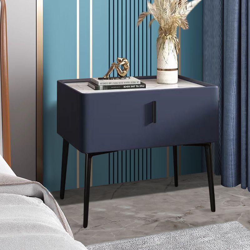 Contemporary Scandinavian Rectangular Sintered Stone Top Leather Veneered Nightstand Drawer For Bedroom