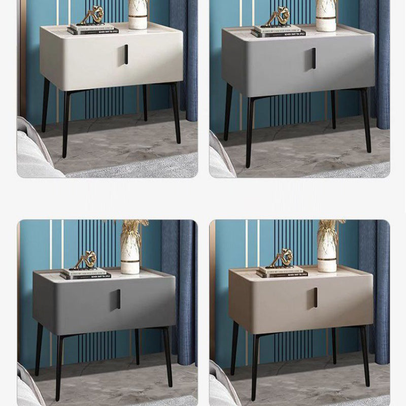 Contemporary Scandinavian Rectangular Sintered Stone Top Leather Veneered Nightstand Drawer For Bedroom