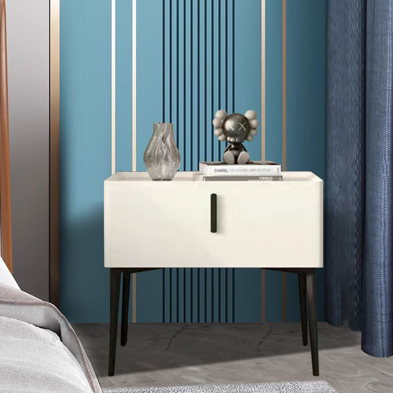 Contemporary Scandinavian Rectangular Sintered Stone Top Leather Veneered Nightstand Drawer For Bedroom
