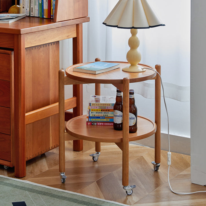 Traditional Japanese Round Cherry Wood Top End Table 2-Tier Casters For Living Room
