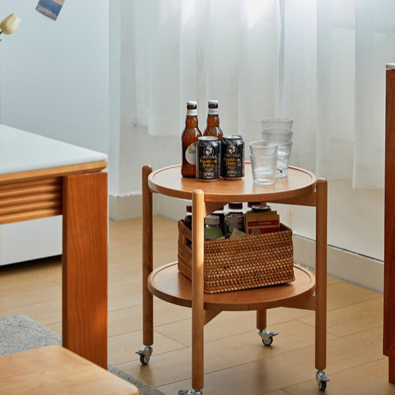 Traditioneller japanischer runder Massivholztisch mit 2 Ebenen und Rollen für das Wohnzimmer