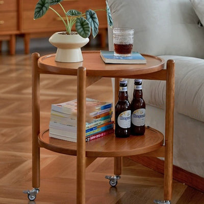 Table d'appoint ronde en bois massif japonais traditionnel à 2 niveaux avec roulettes pour salon 