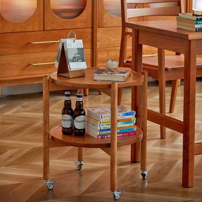 Table d'appoint ronde en bois massif japonais traditionnel à 2 niveaux avec roulettes pour salon 