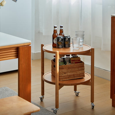 Table d'appoint ronde en bois massif japonais traditionnel à 2 niveaux avec roulettes pour salon 